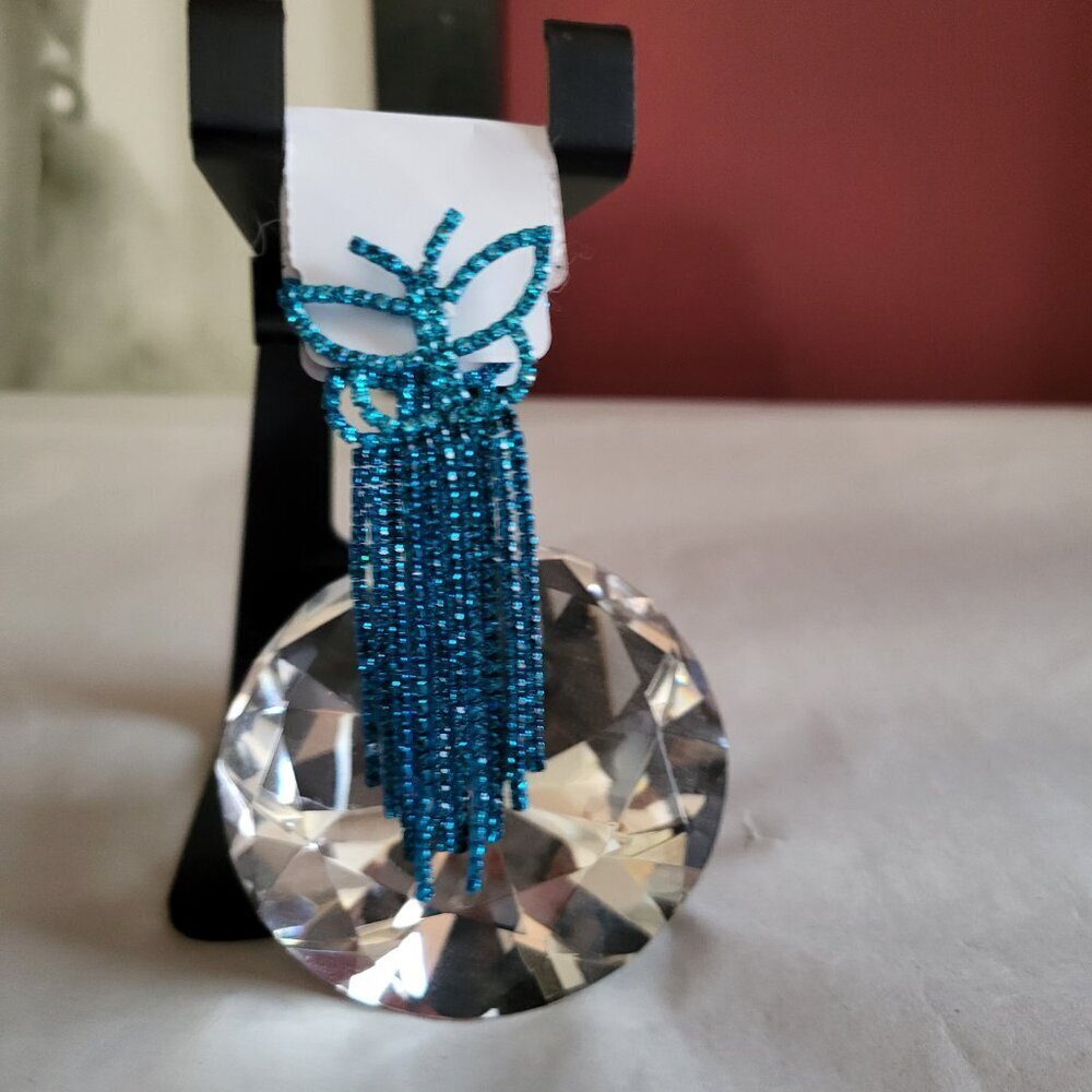 TEAL RHINESTONE BUTTERFLY DANGLE EARRINGS - Picture 3 of 4